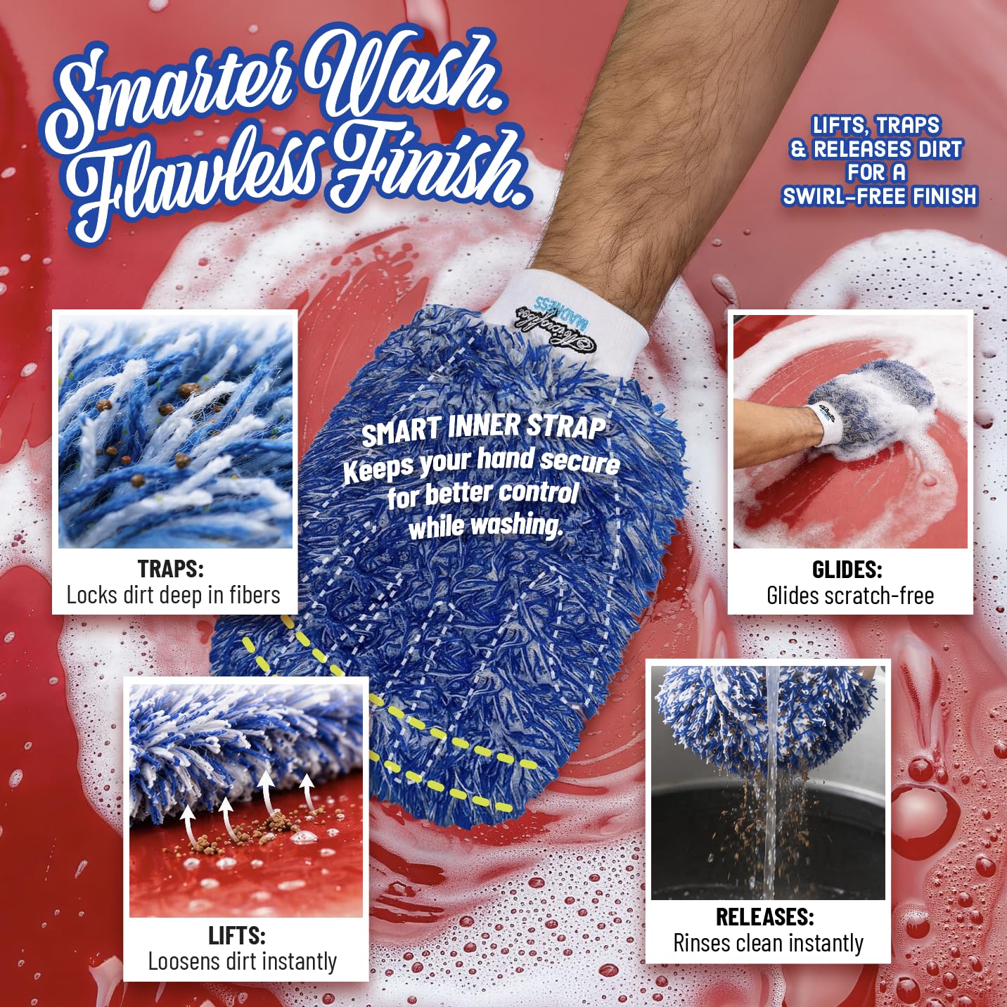 Secure strap keeps the Incredimitt firmly on the hand during washes.