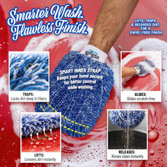 Secure strap keeps the Incredimitt firmly on the hand during washes.