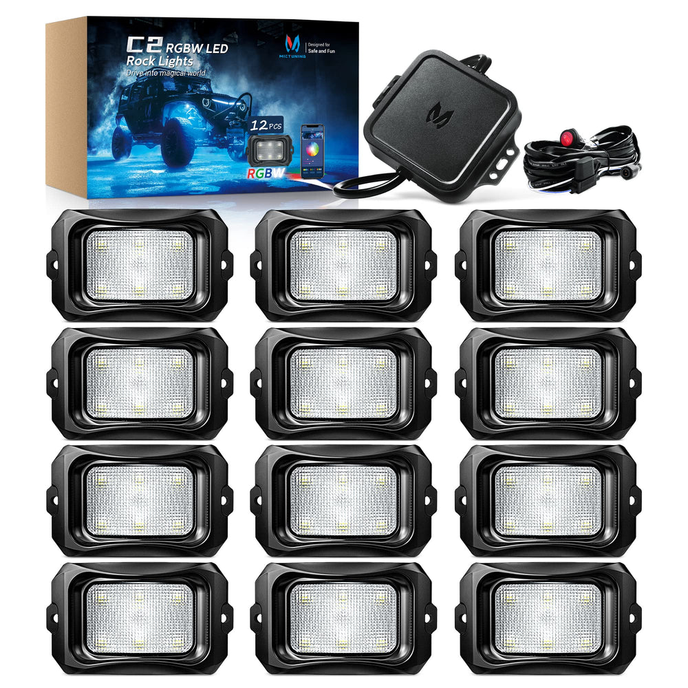 MICTUNING C2 curved RGBW rock light pod glowing for dramatic underglow.