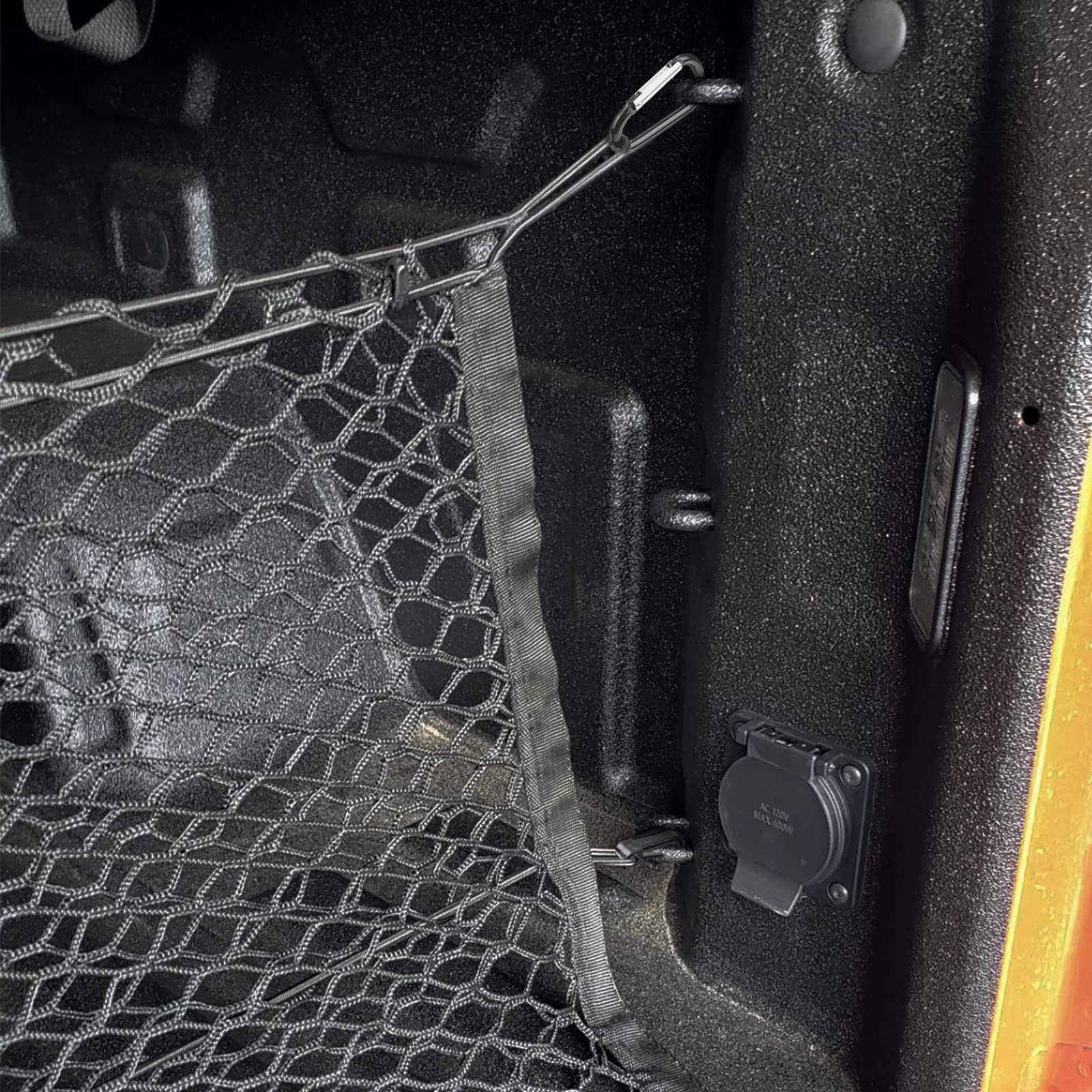 MICTUNING truck bed cargo net securing groceries in an F-150 on road trips.