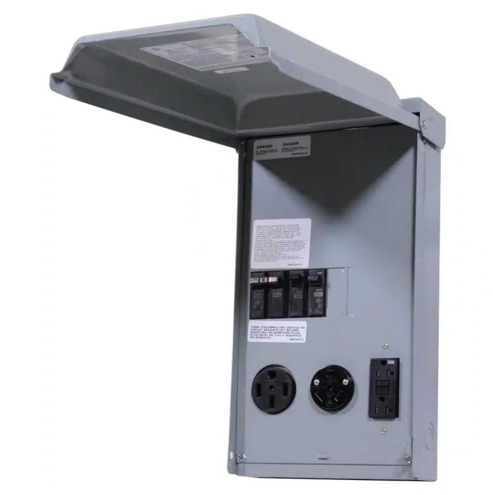 Midwest 50/30/20 amp RV panel outdoor view with weatherproof enclosure