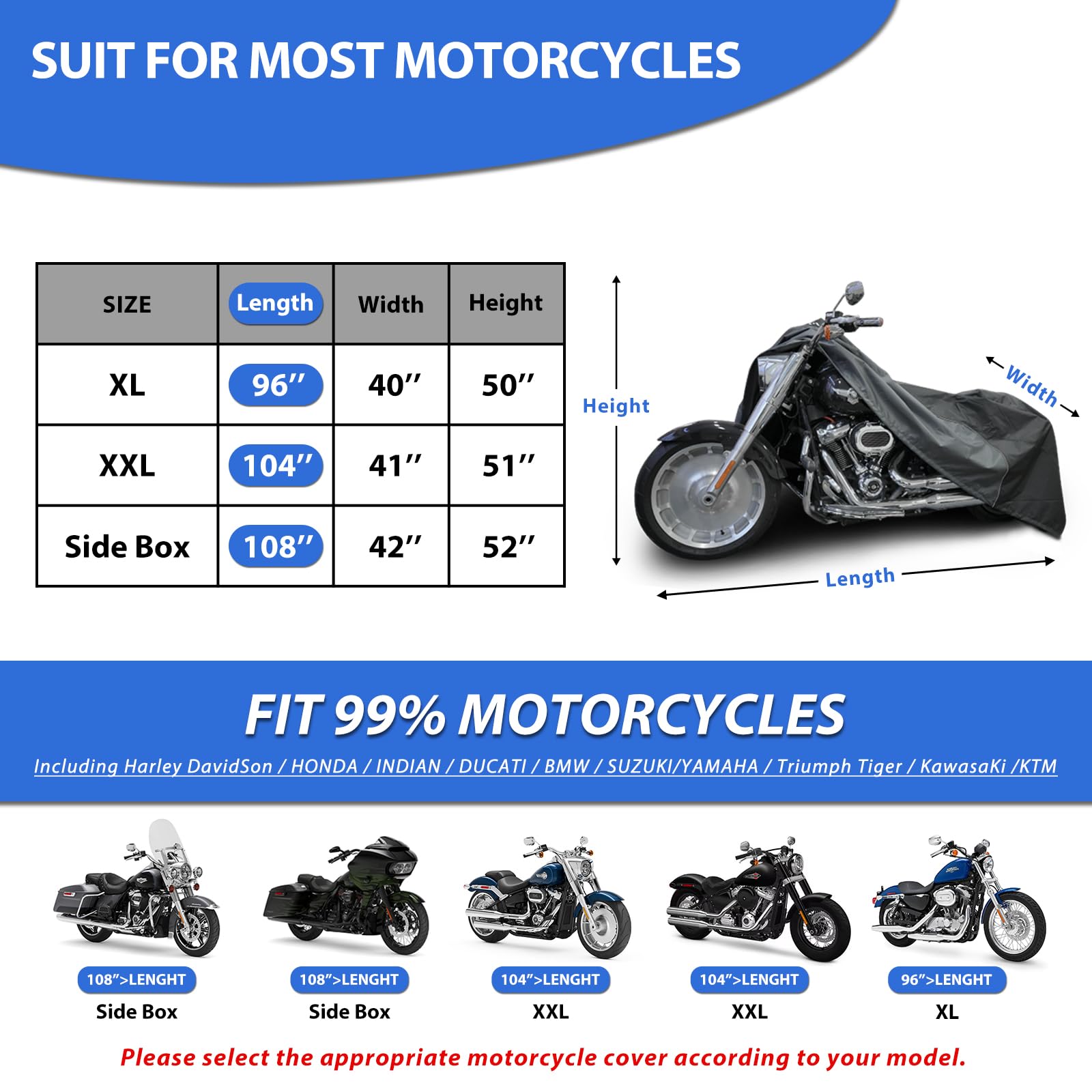 Mieapond waterproof fabric keeps your Harley dry during heavy showers and overnight storage.