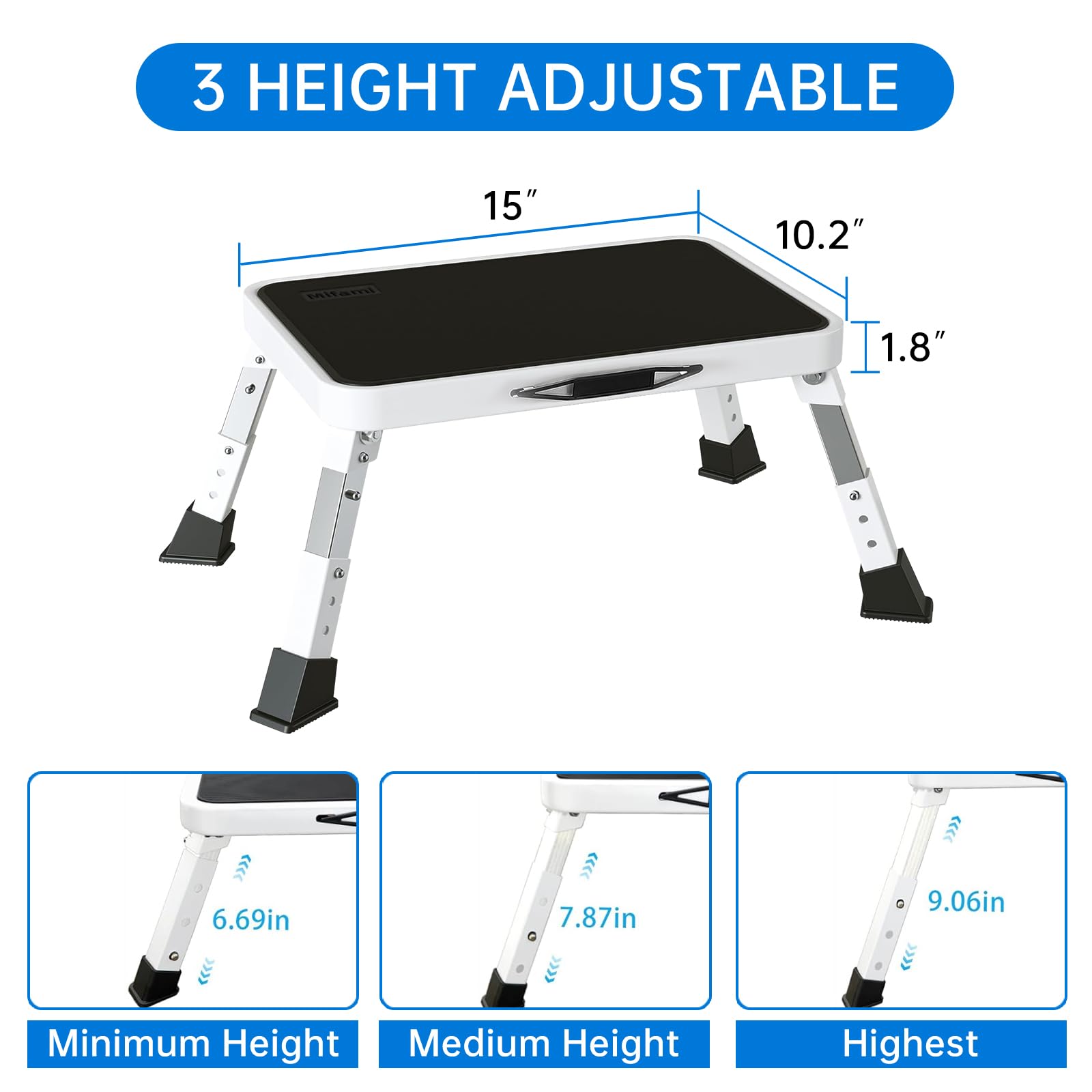 Mifami metal step stool adjustable height for reaching high shelves safely.