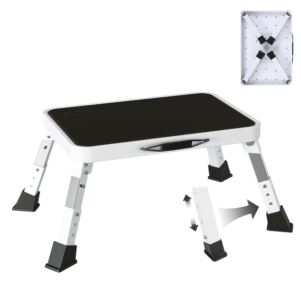 Mifami metal step stool foldable compact for easy storage and transport.