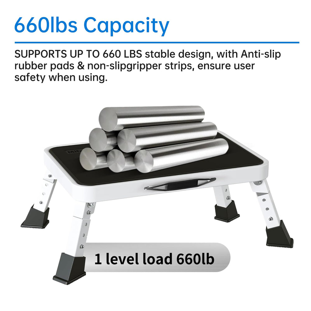 Mifami metal step stool non-slip platform provides secure footing indoors or outdoors.