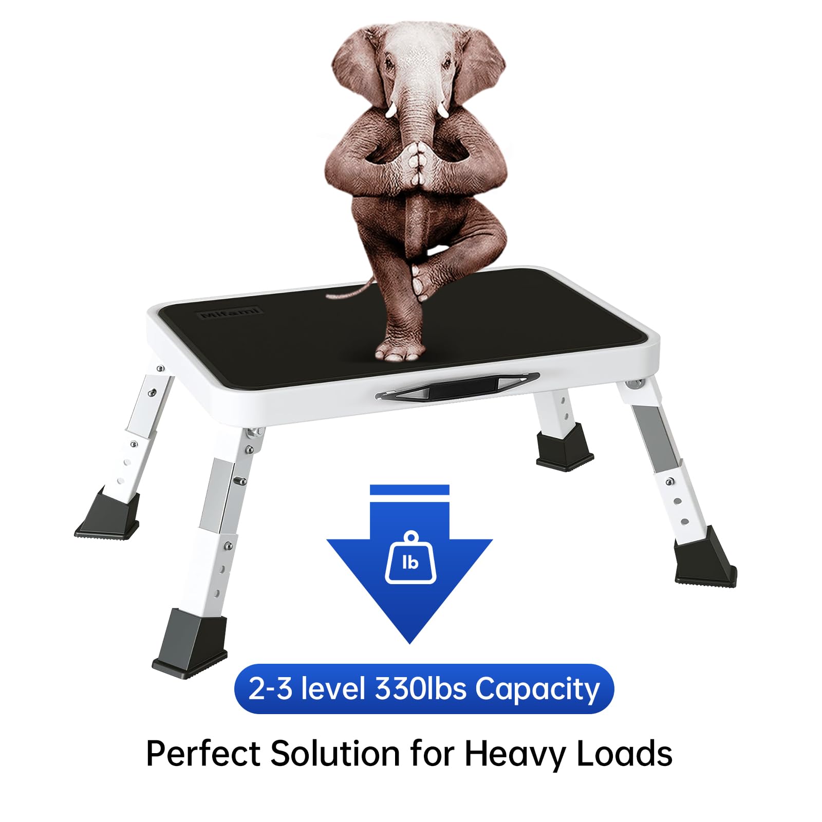Mifami metal step stool with rubber feet for solid grip on various surfaces.