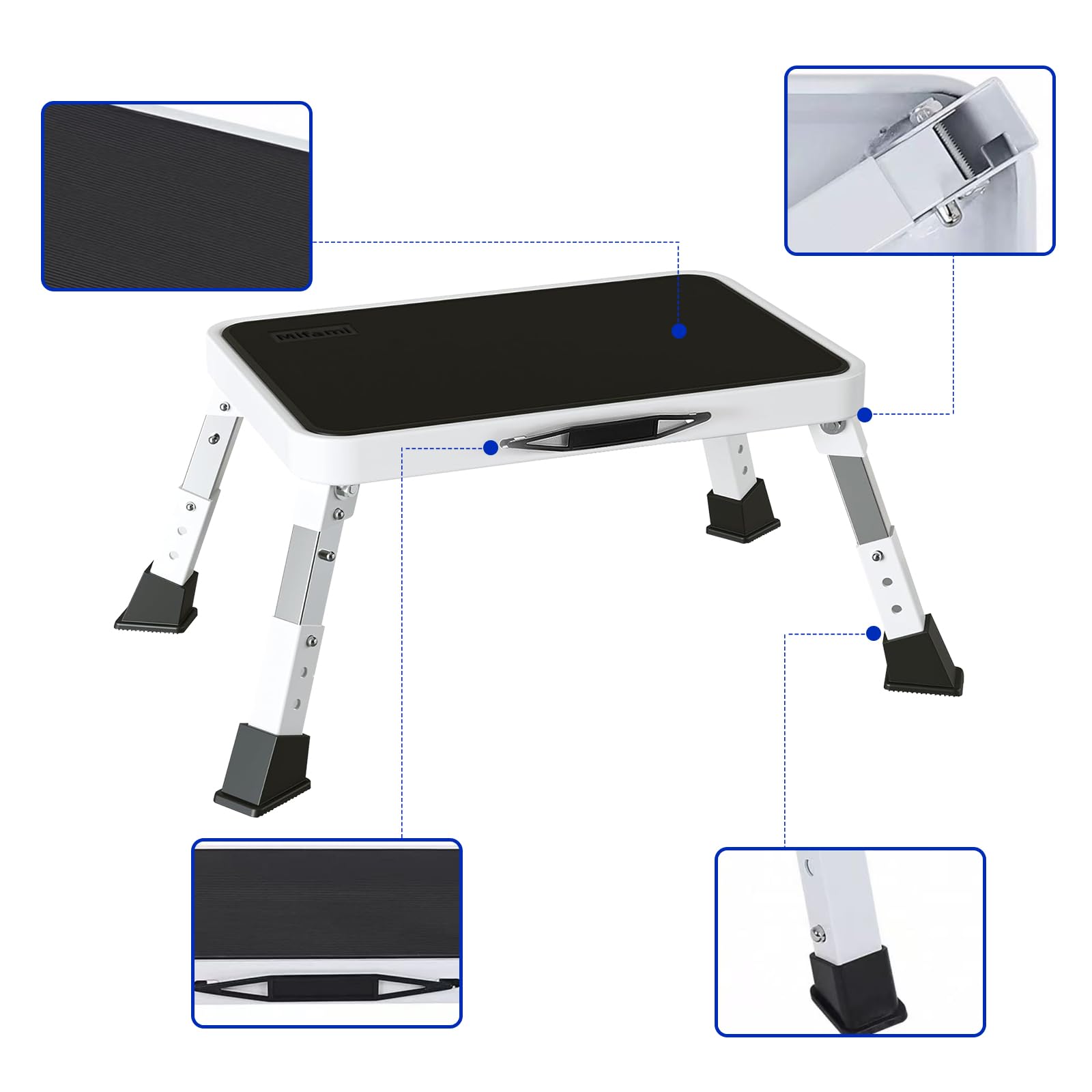 Mifami step stool folds with a portable handle for travel and storage.