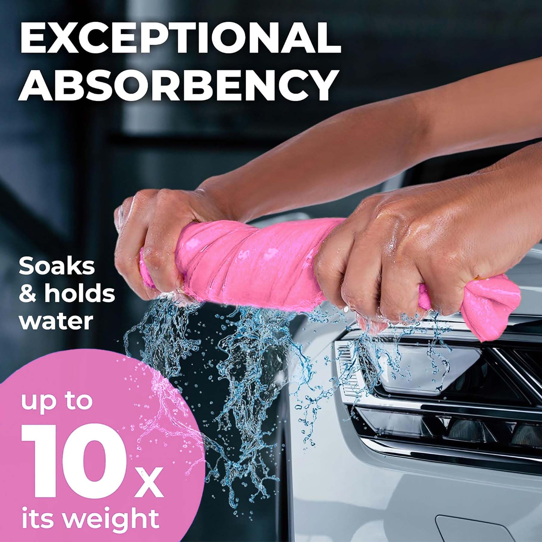 Mighty Cleaner shammy car-drying in action reduces drying time.