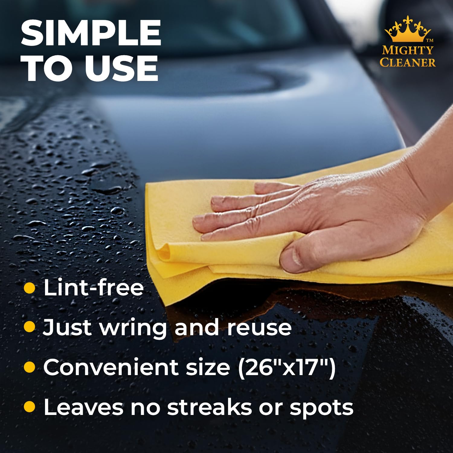 Mighty Cleaner soft touch shammy material glides without lint or residue.
