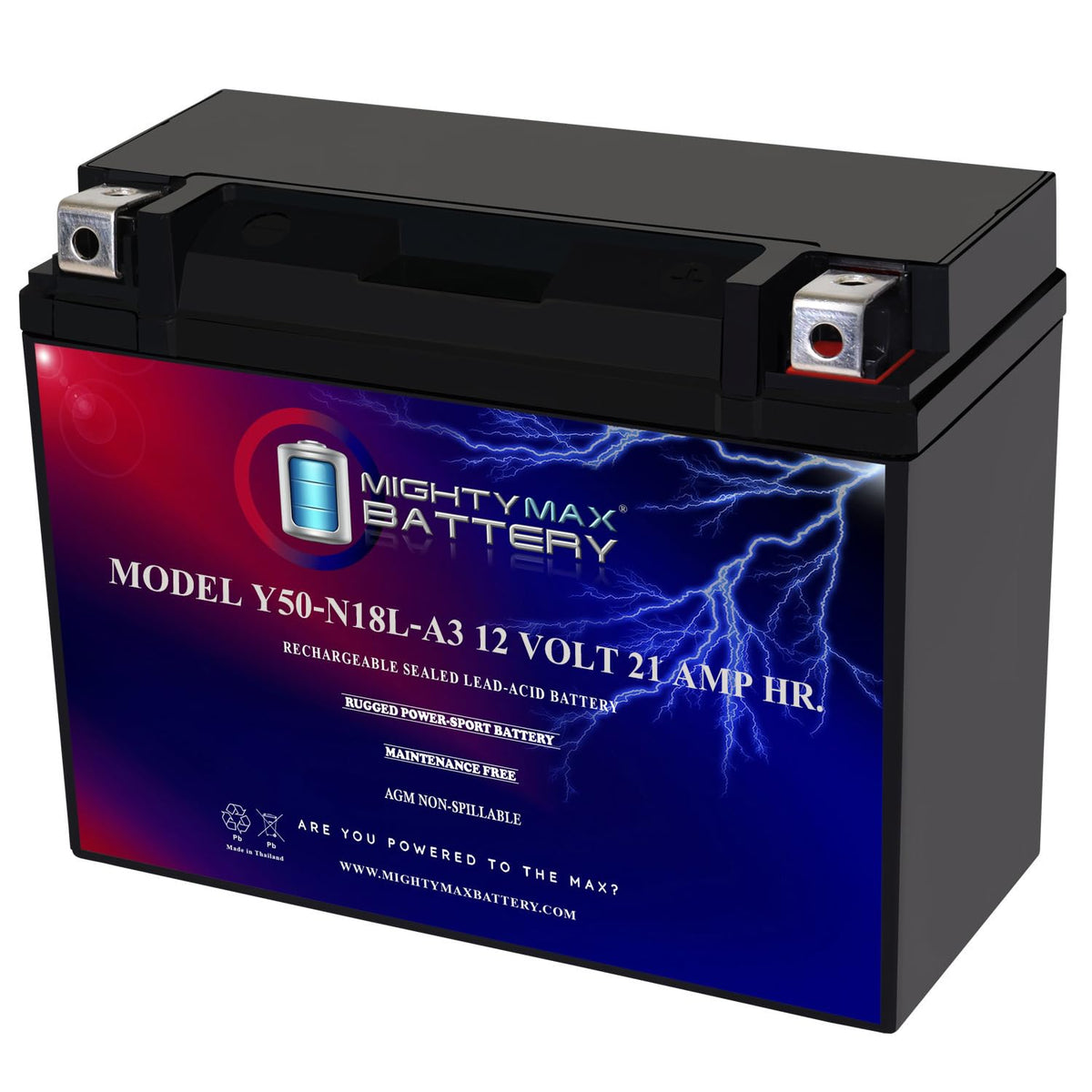 Mighty Max Battery Y50-N18L-A3 in packaging, ready-to-install maintenance-free power for motorcycles.