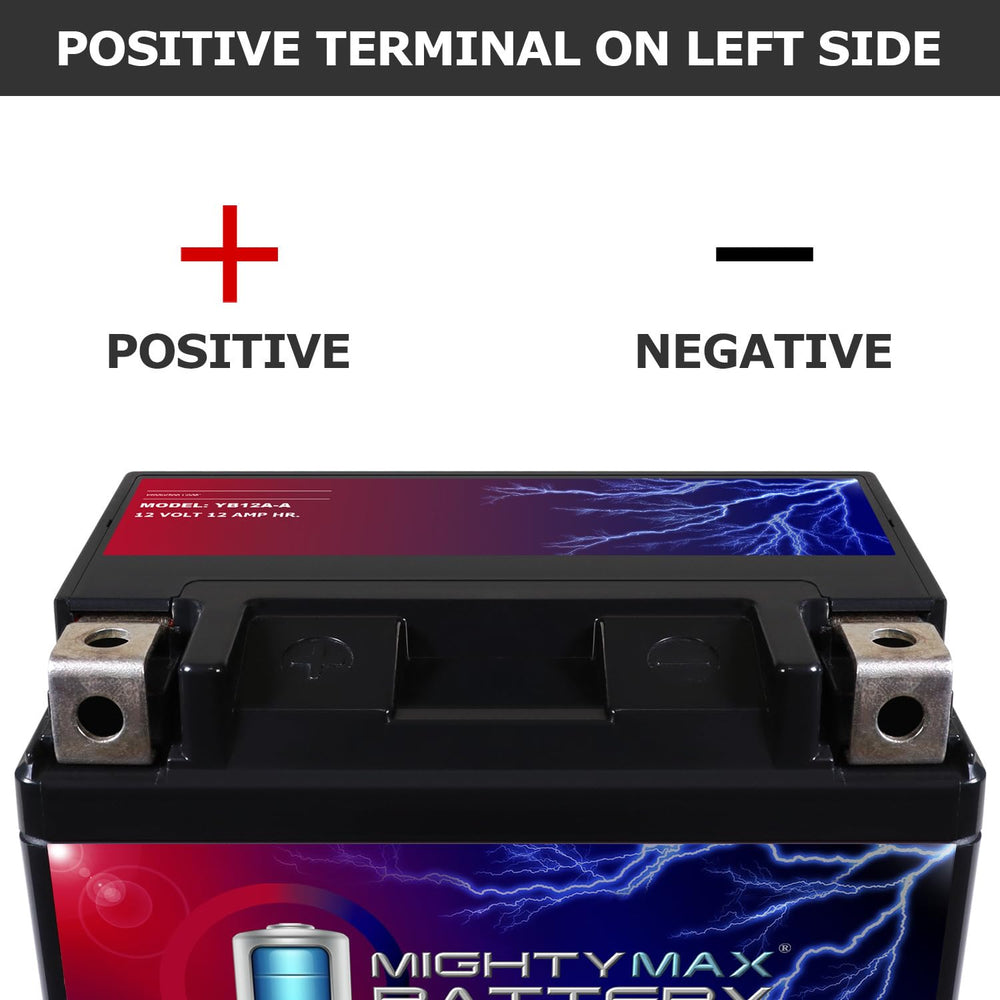Mighty Max Battery YB12A-A 165 CCA label highlights strong cold-start performance
