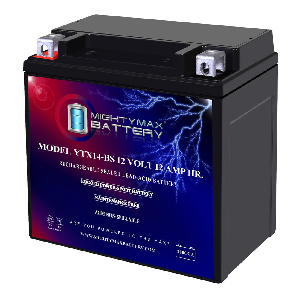Mighty Max YTX14-BS front view shows compact size for Mercedes backup compartments