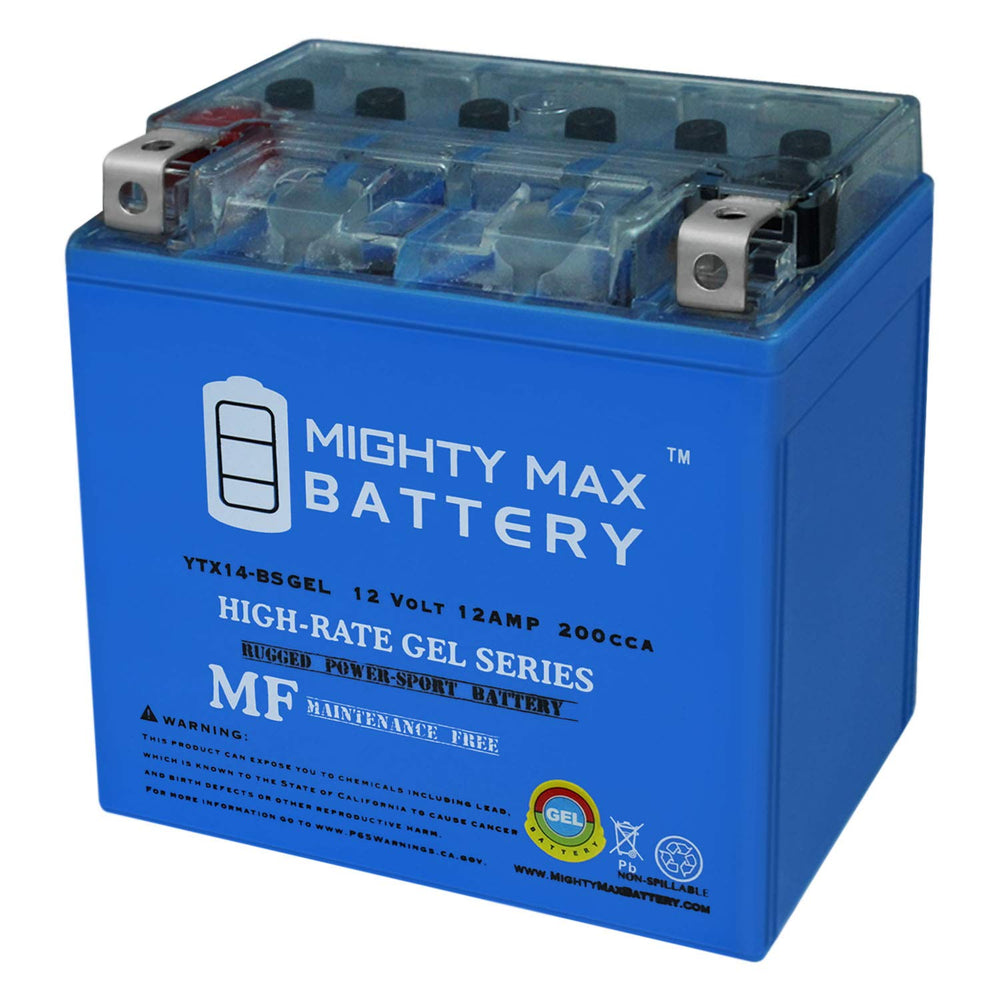 Mighty Max YTX14-BS Gel battery side view, maintenance-free for motorcycles.