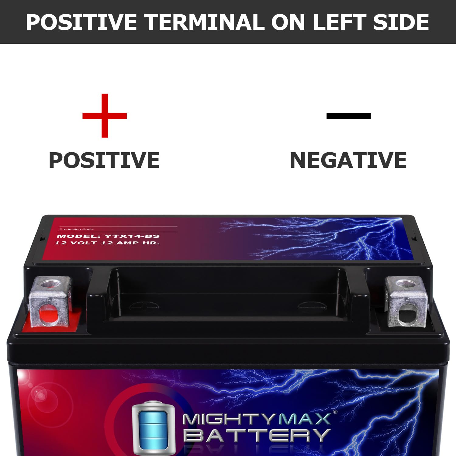 Mighty Max YTX14-BS label close-up confirms authenticity and clear specifications