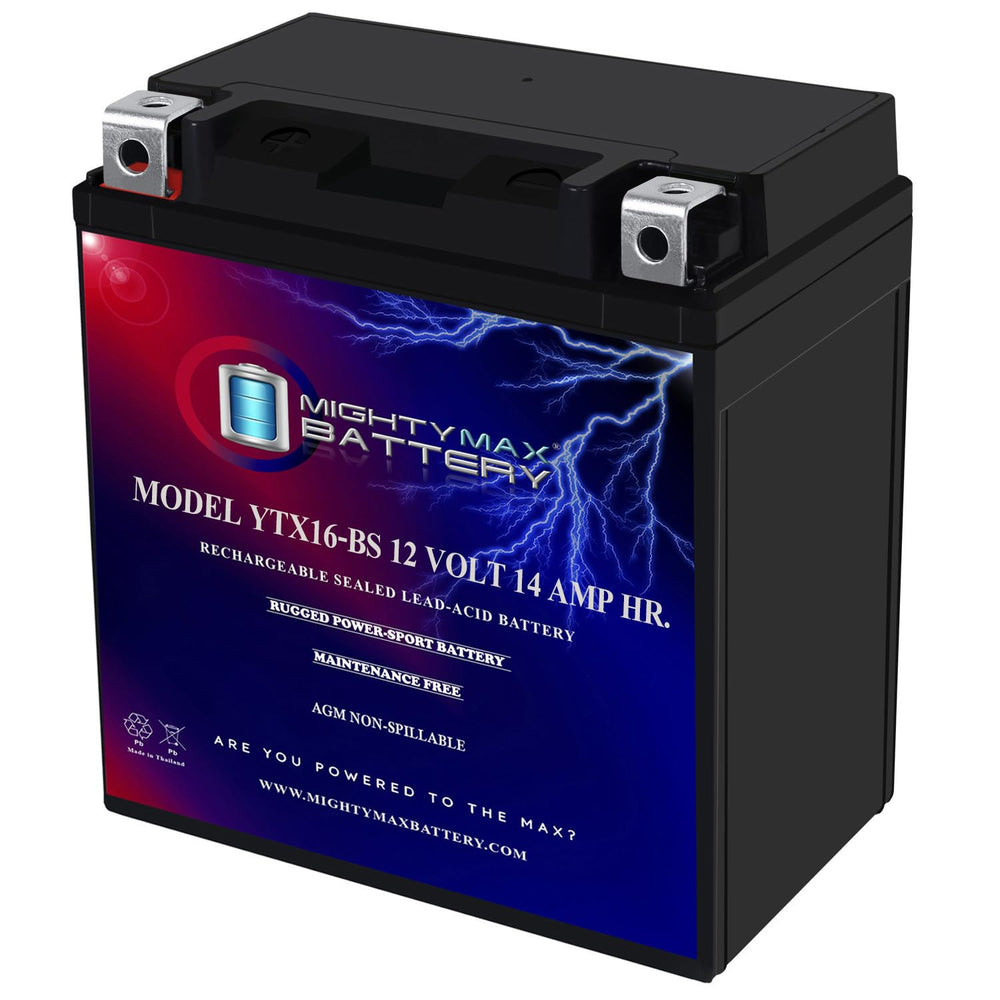Mighty Max Battery YTX16-BS front view showing compact 12V design for motorcycles