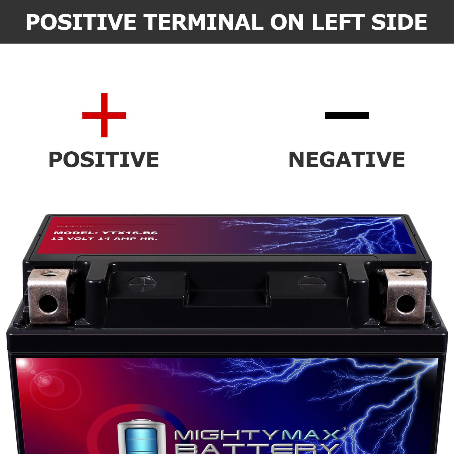 Label detail of Mighty Max Battery YTX16-BS emphasizing AGM sealed construction