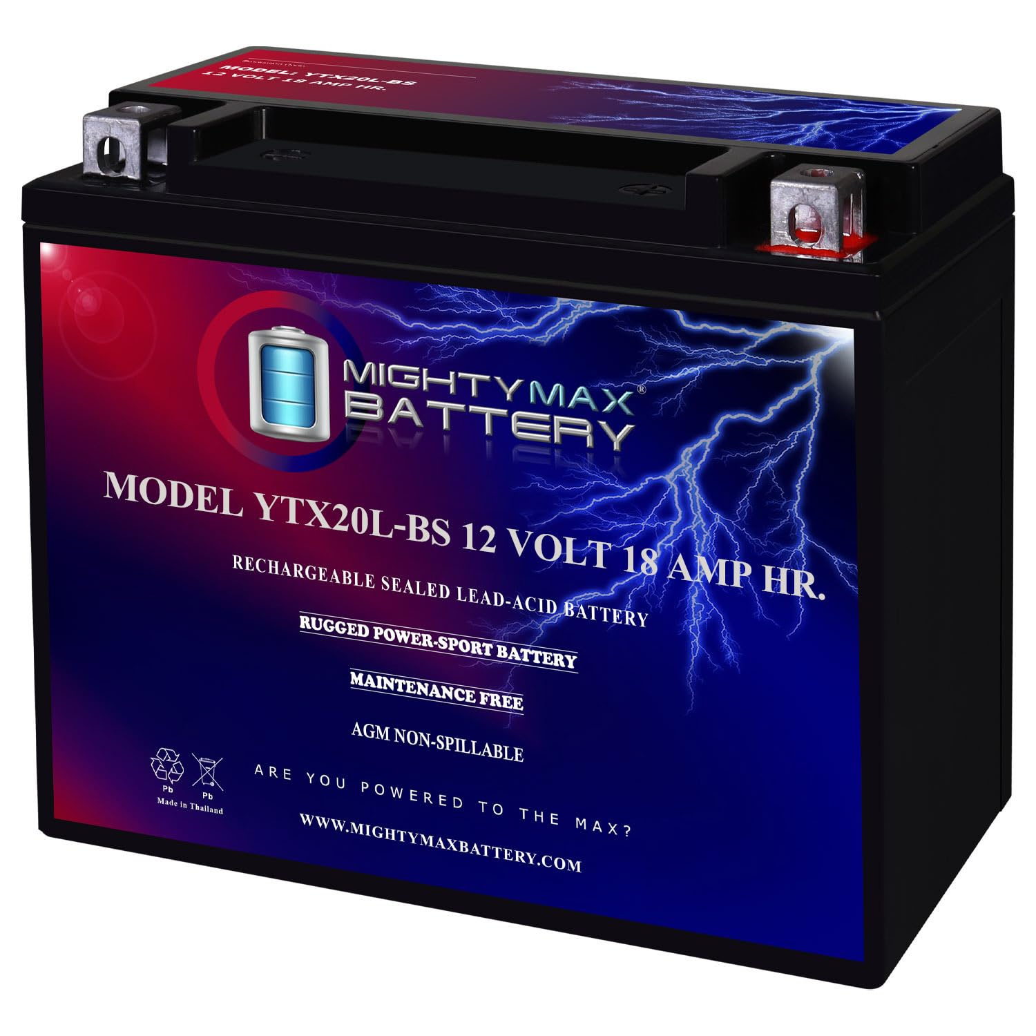 Mighty Max Battery YTX20L-BS 12V-18Ah unit ready for motorcycle installation.