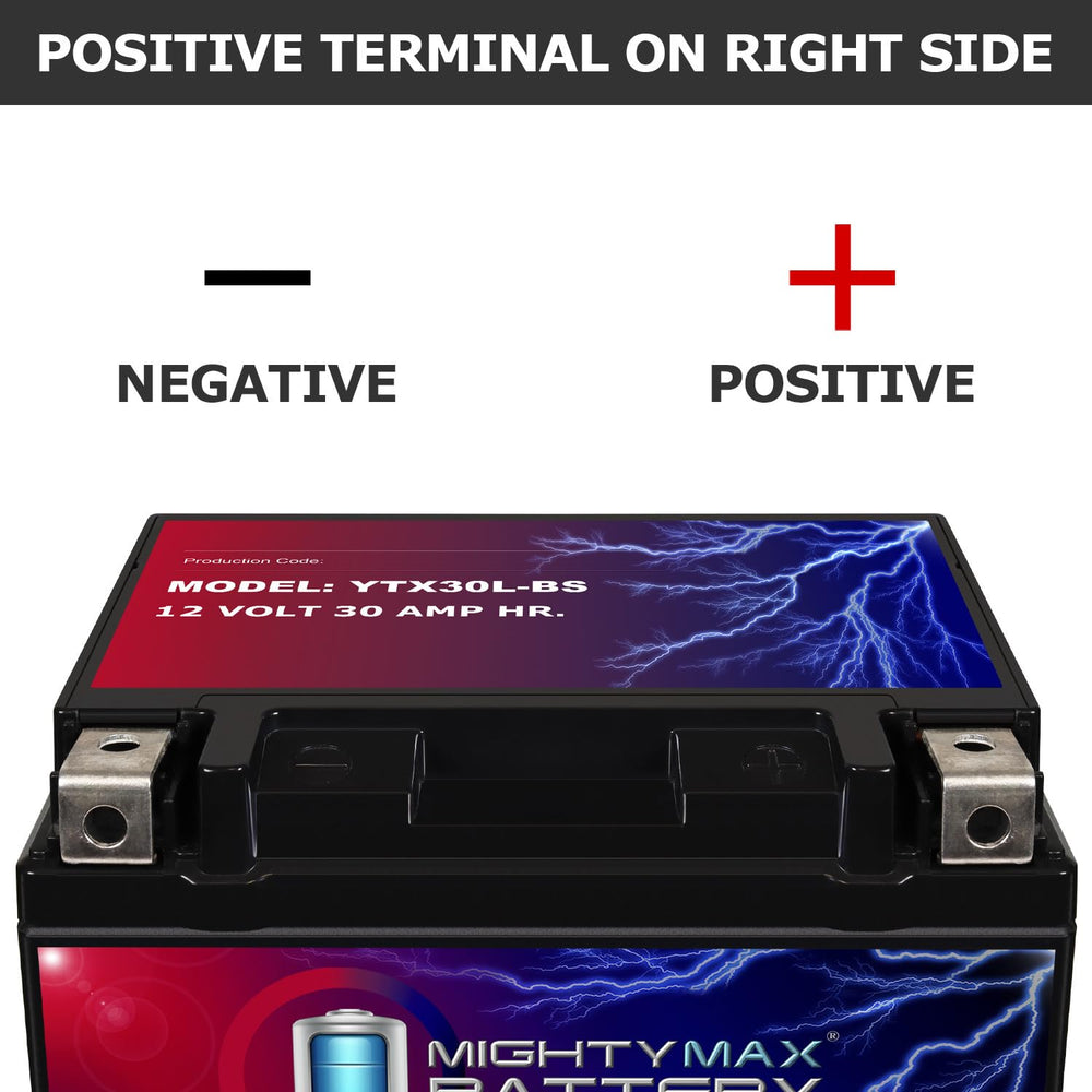 Mighty Max Battery YTX30L-BS top label closeup reveals clear specs.