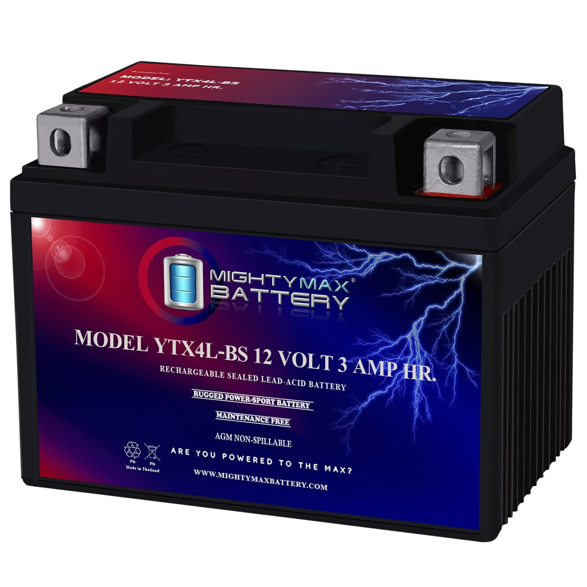 Mighty Max Battery YTX4L-BS front view showing compact 12V power for motorcycles