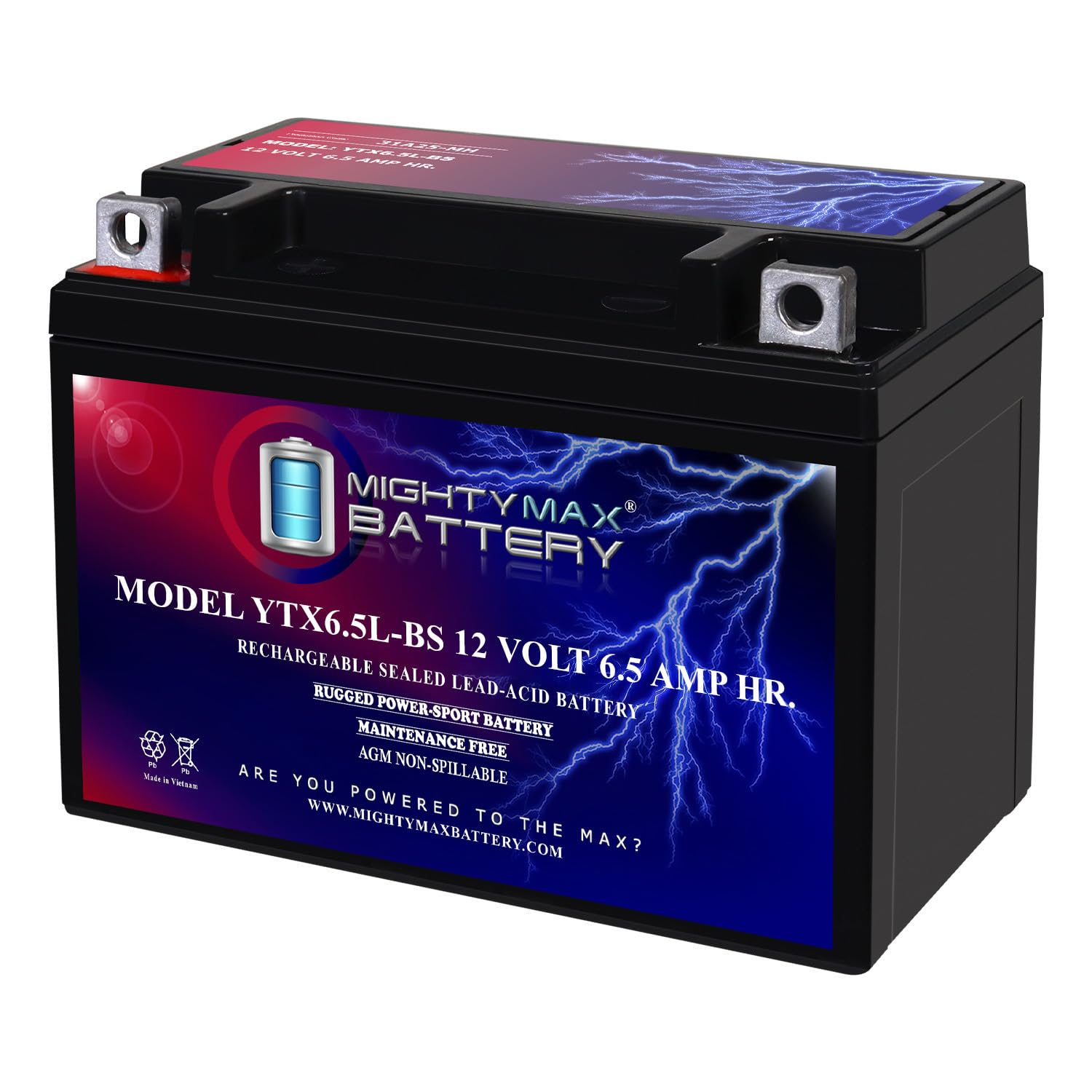 Mighty Max Battery YTX6.5L-BS front view showing compact 12V SLA AGM design