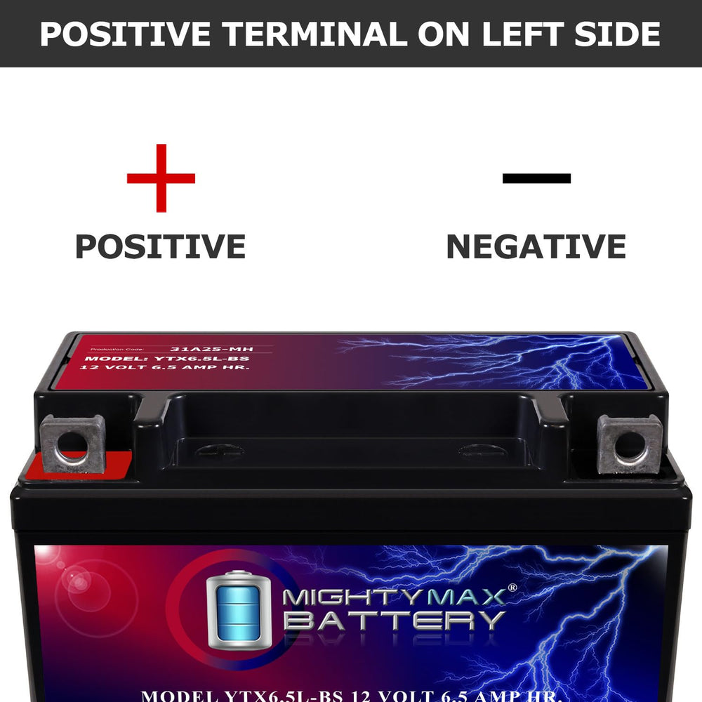 Mighty Max Battery YTX6.5L-BS datasheet label shows 6.5Ah and 70 CCA