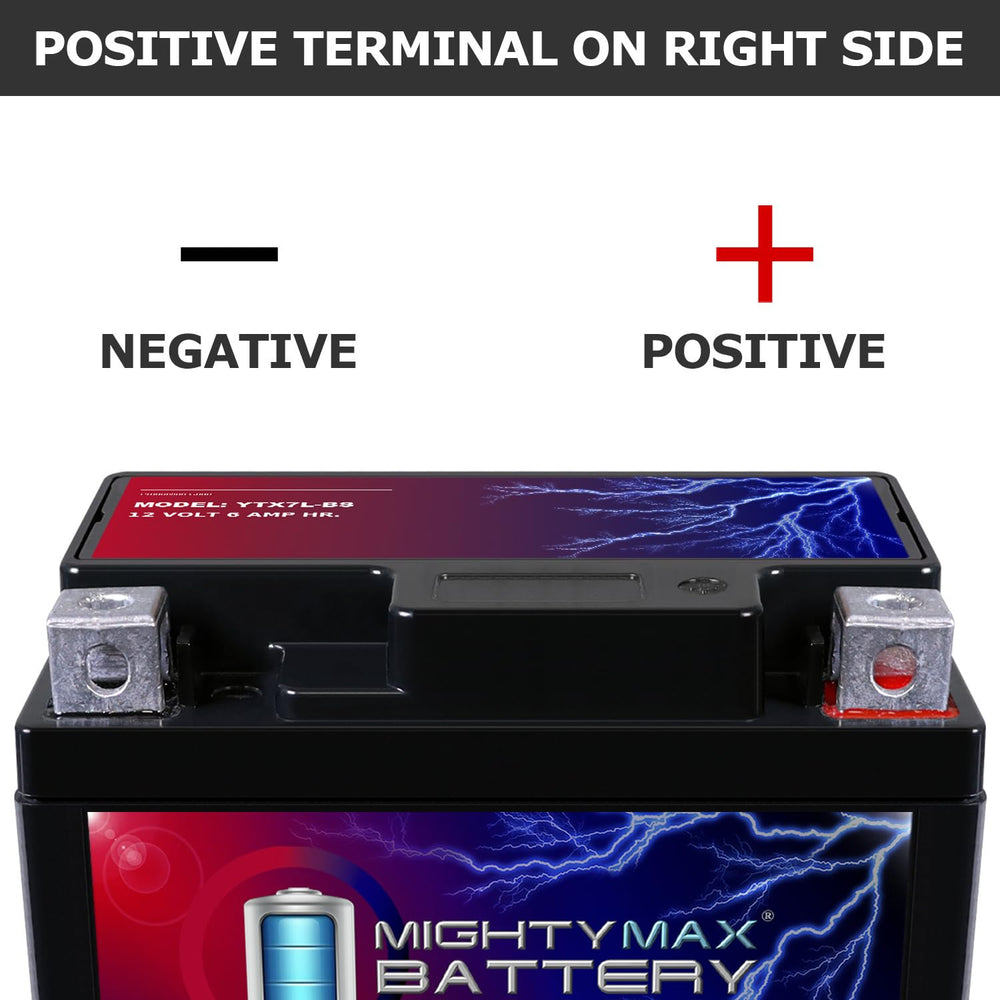 Mighty Max Battery YTX7L-BS front terminal shows easy right-side polarity