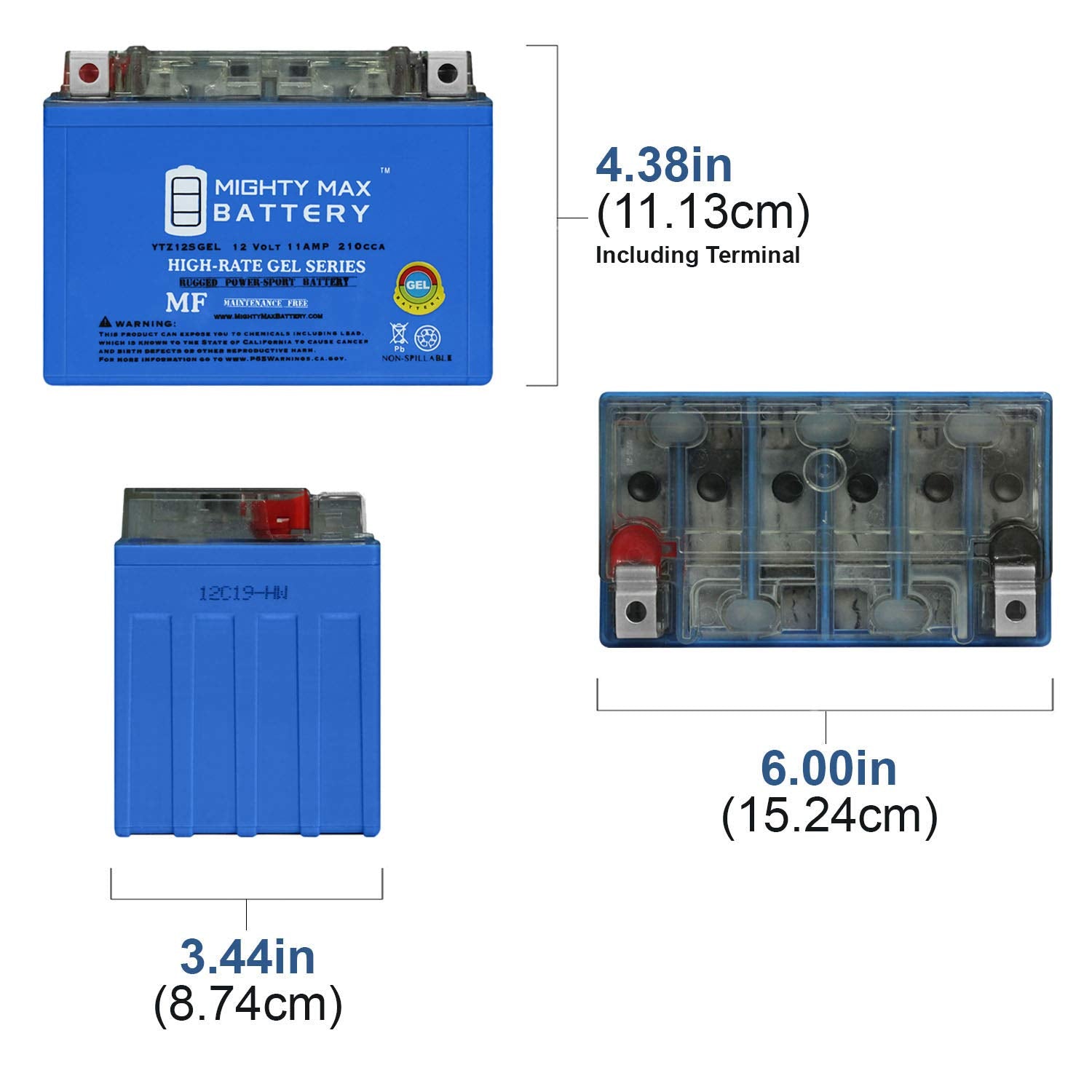Close-up of Mighty Max YTZ12S GEL battery showing robust design