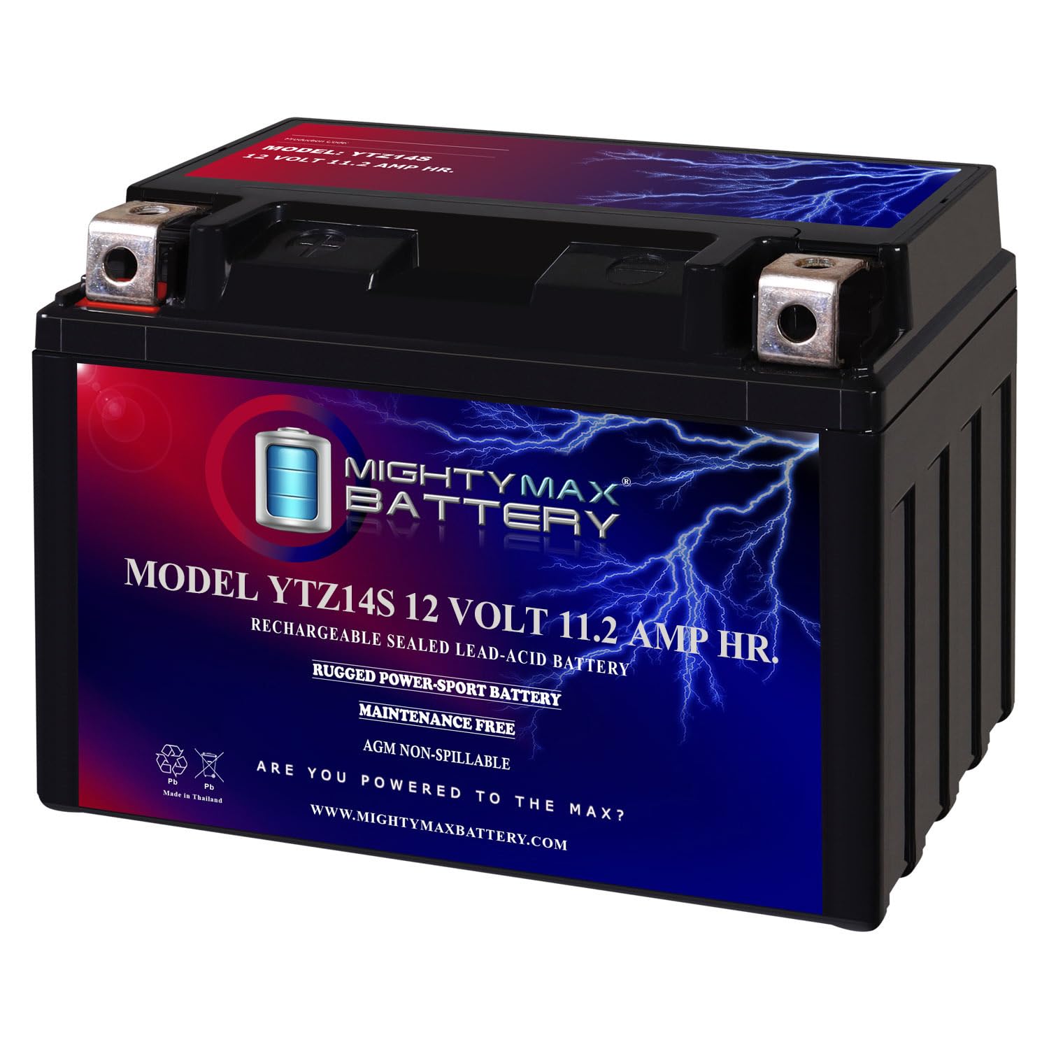 Mighty Max Battery YTZ14S front view for reliable motorcycle starts and compact fit