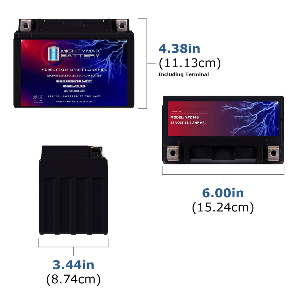 Mighty Max Battery YTZ14S side view showing compact profile for tight motorcycle compartments