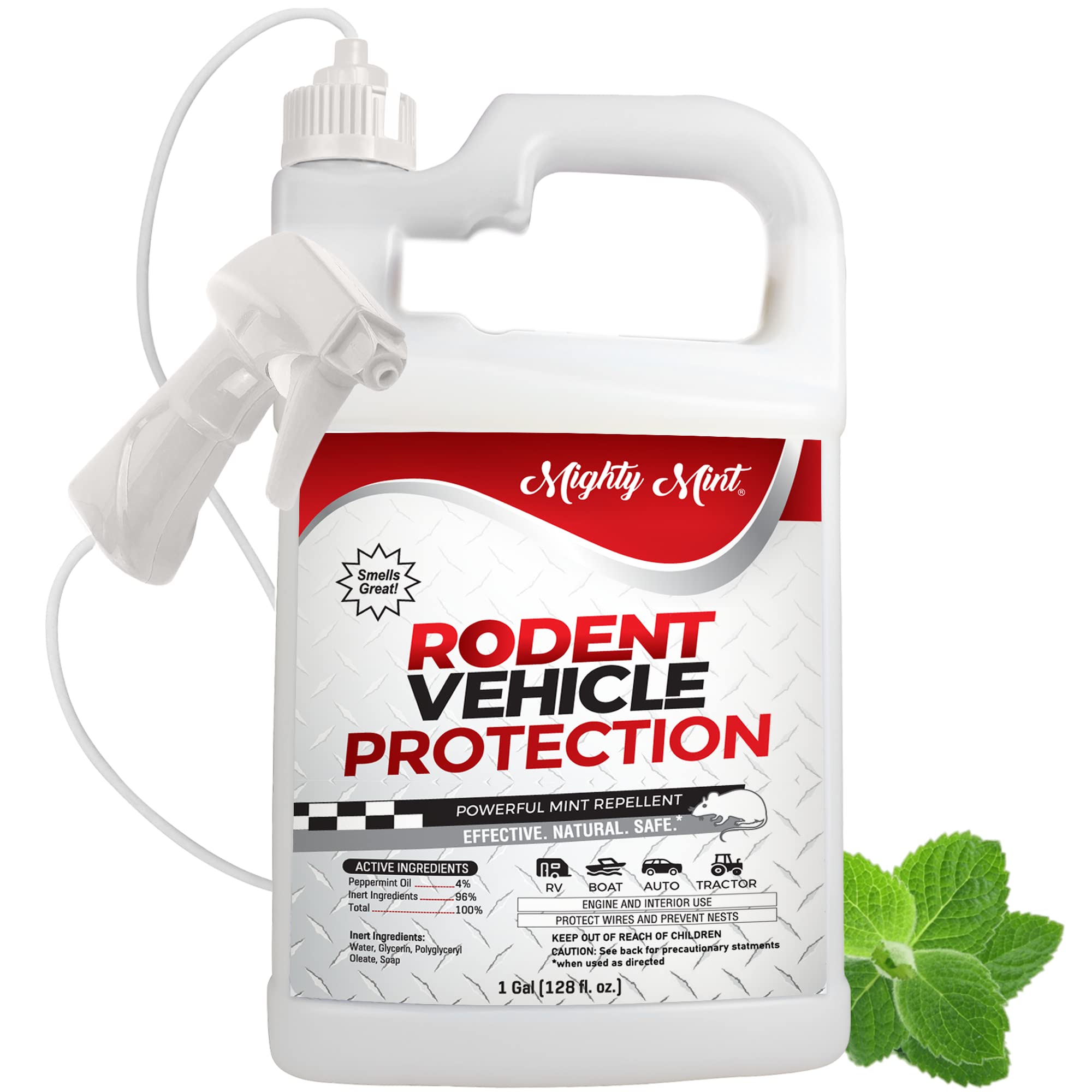 Mighty Mint gallon front label highlighting rodent protection for engines and interiors.