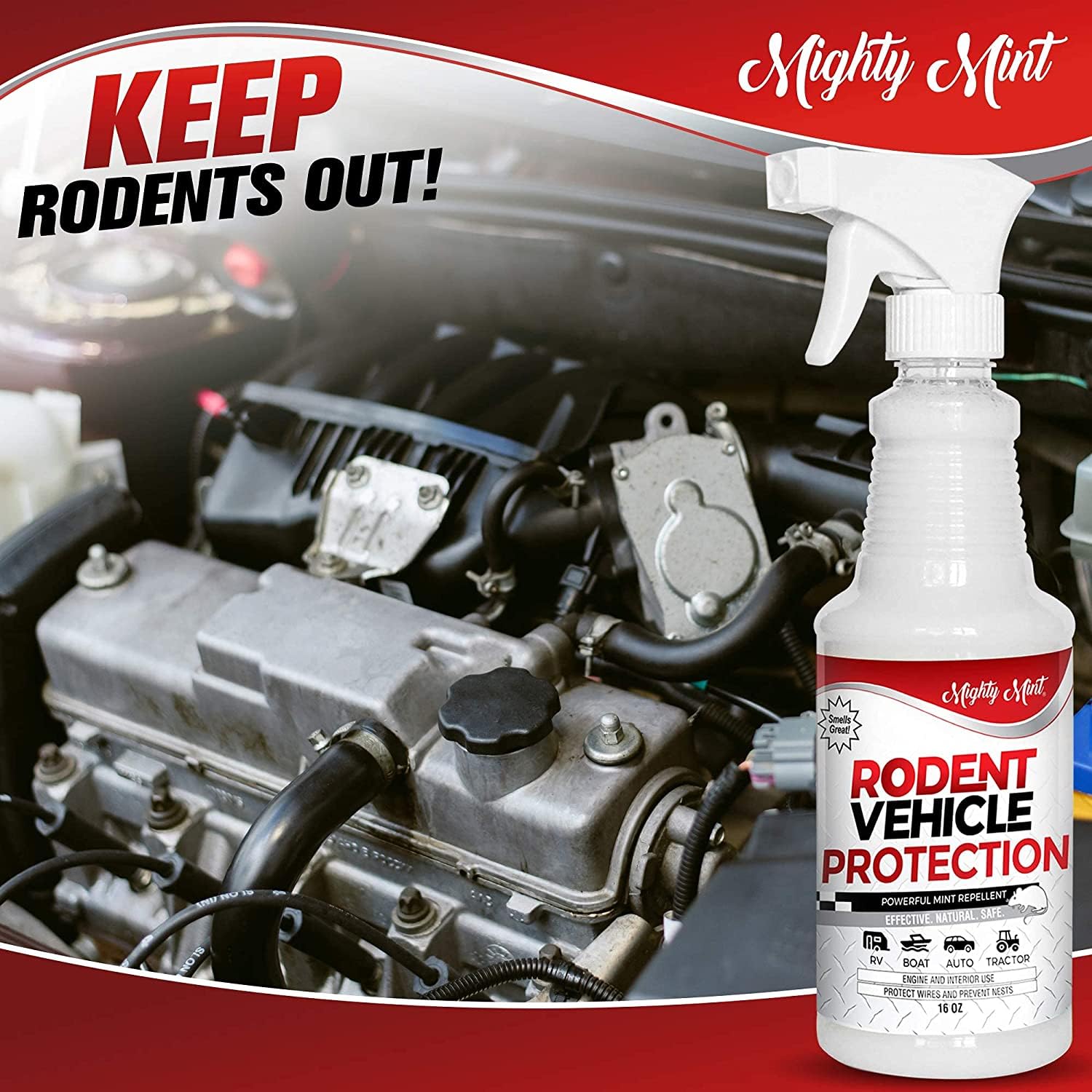 Mighty Mint under-hood spray reduces nesting and chewing risk.