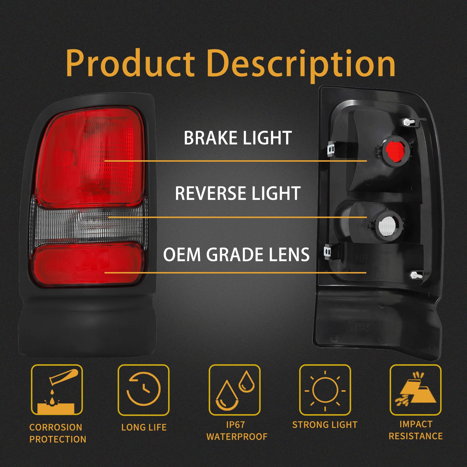 MiKaFex tail light for Dodge Ram 1994-2001, passenger side rear lamp with durable ABS housing.