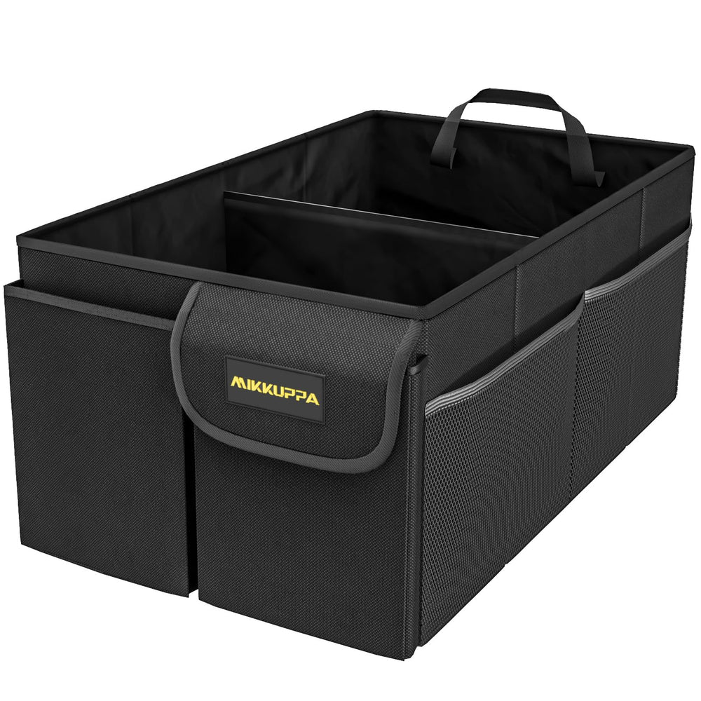 MIKKUPPA trunk organizer in black, collapsible 50L, keeps groceries organized on road trips.