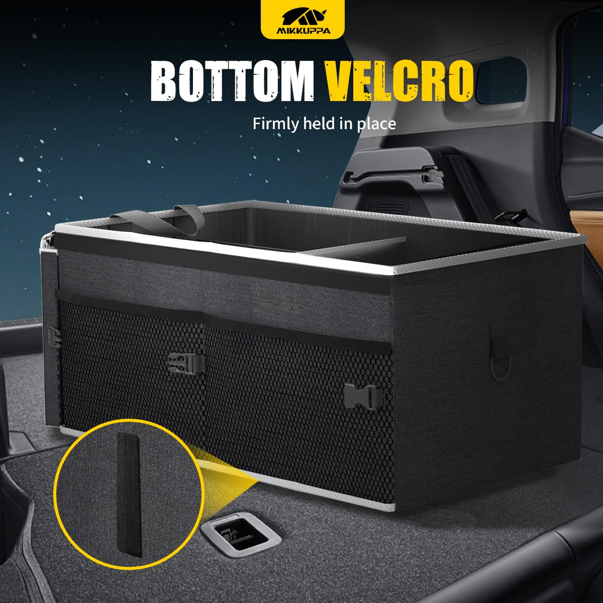 MIKKUPPA trunk organizer folded for compact storage in tight spaces.
