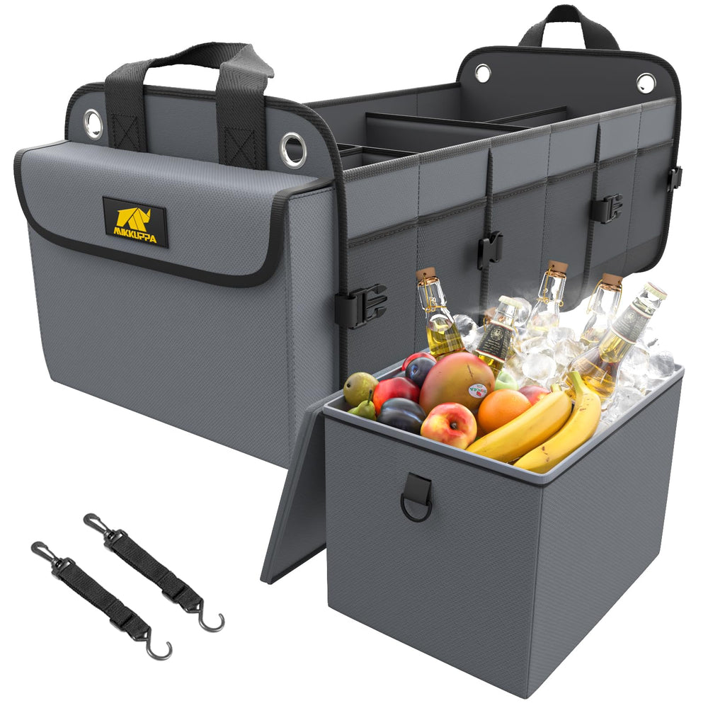 MIKKUPPA car trunk organizer showing large 100L capacity for organized cargo