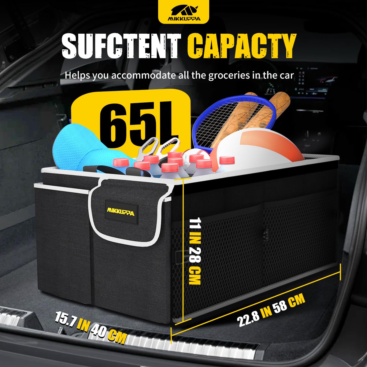 MIKKUPPA trunk organizer unfolded demonstrates generous 65L capacity for groceries.