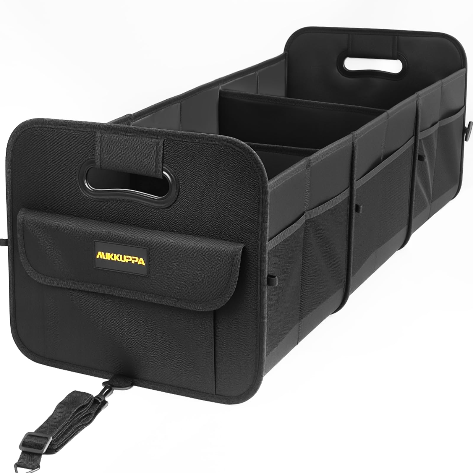 MIKKUPPA trunk organizer fully unfolded showing 105L capacity for groceries and gear