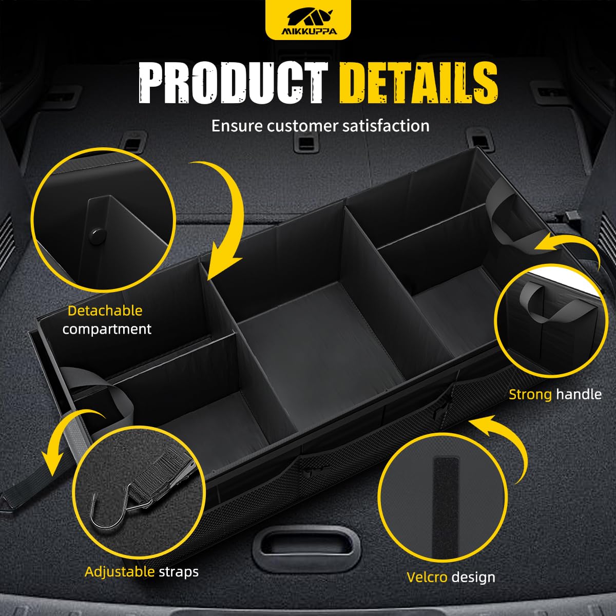 MIKKUPPA trunk organizer with lid keeps items secure and clean during trips.