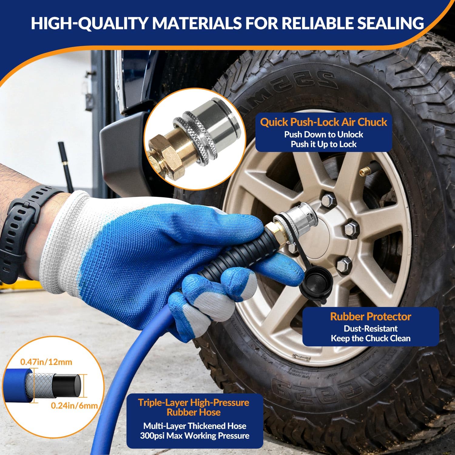 MILADO quick-connects and hoses detail emphasize durable air path and reliability