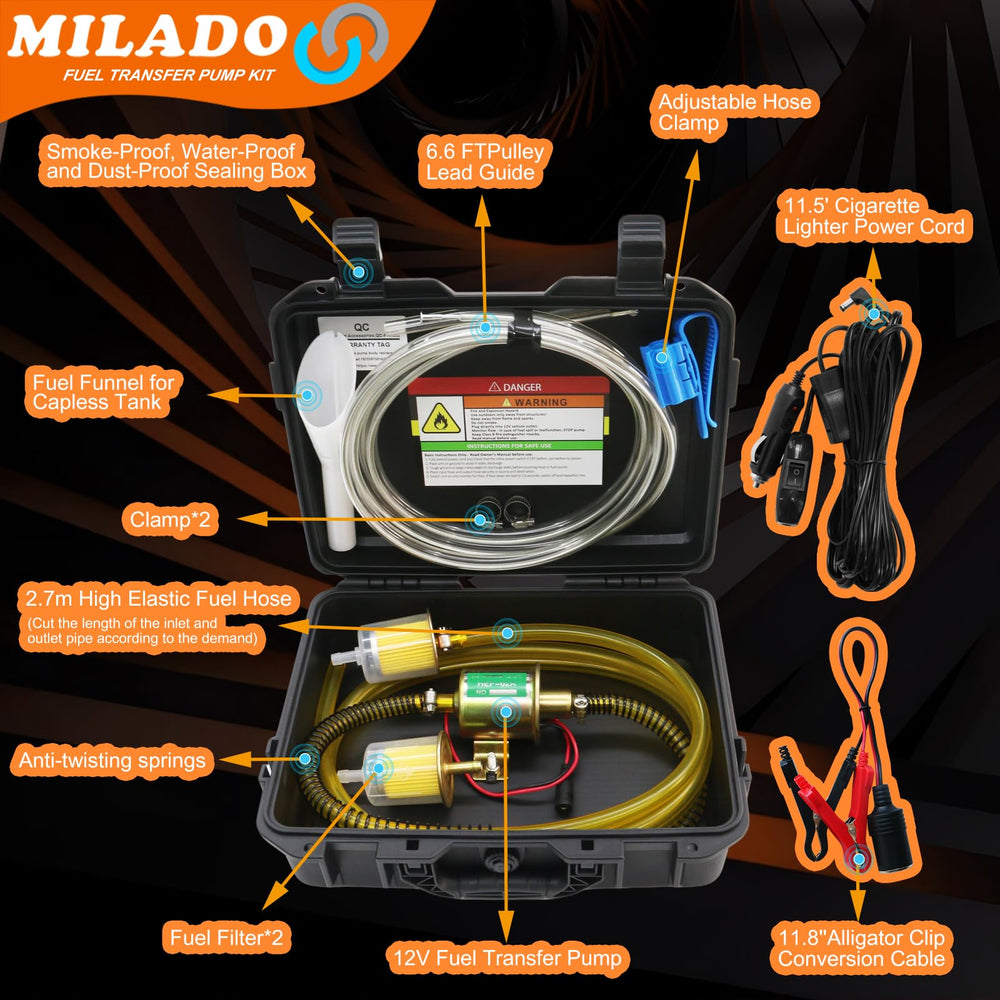 MILADO fuel filter and hose kit with anti-kink hose ensures clean transfers