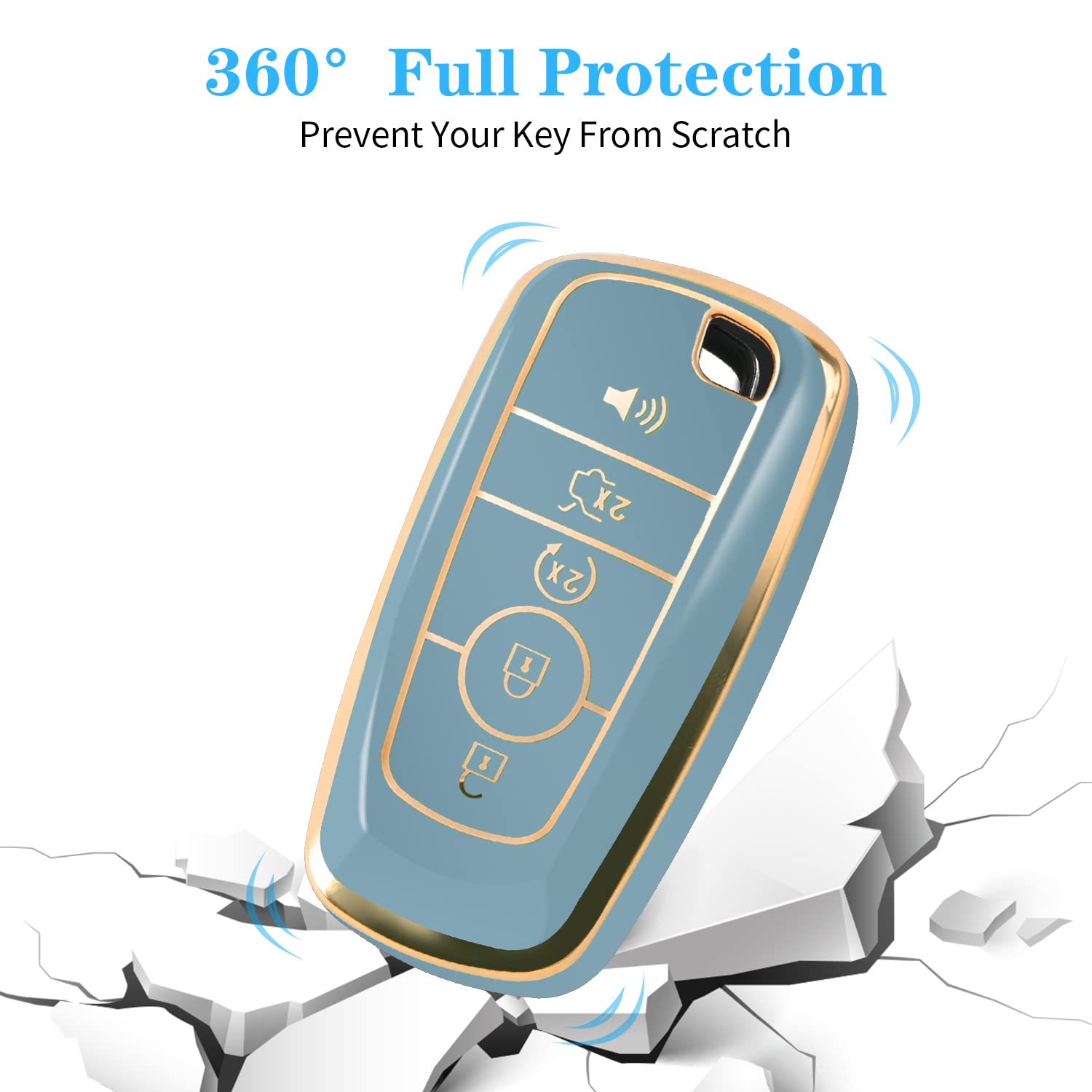 Blue Ford key fob cover with gold rim close-up for a refined look.