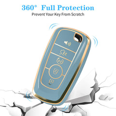 Blue Ford key fob cover with gold rim close-up for a refined look.