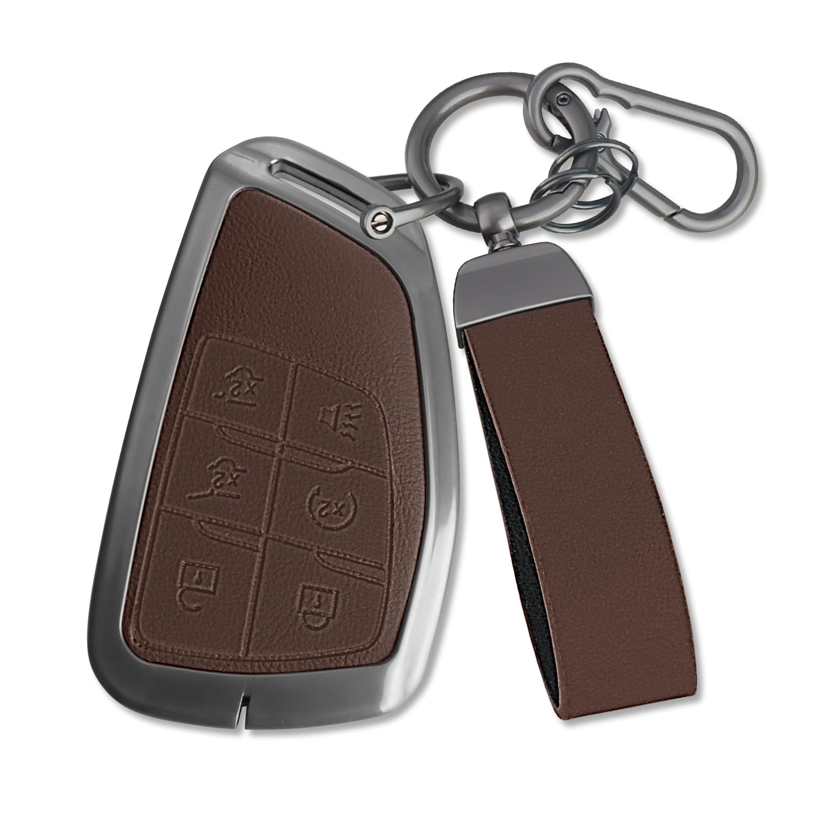 MILD EAST Chevy key fob cover close-up shows brown PU leather and 6-button layout for premium feel.