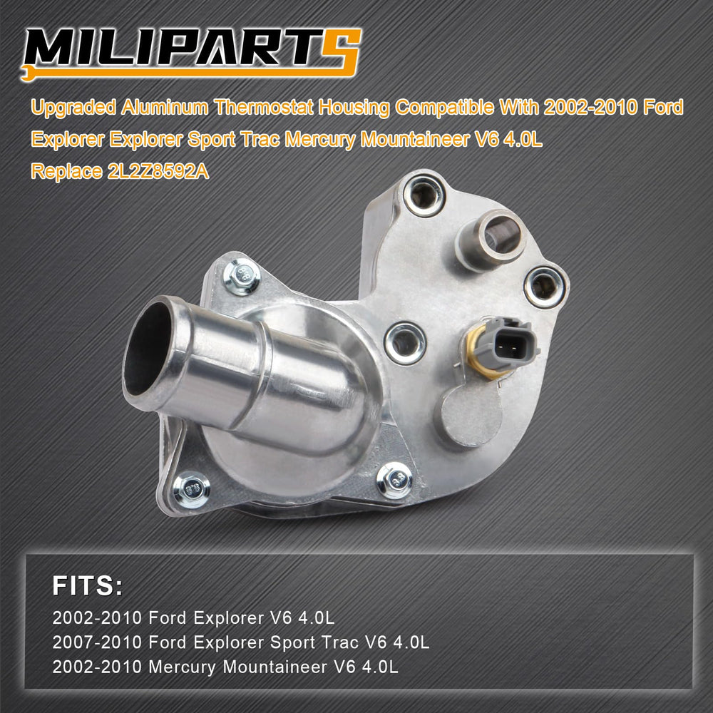 MILIPARTS aluminum thermostat housing for Explorer Sport Trac showing upgraded design for longevity