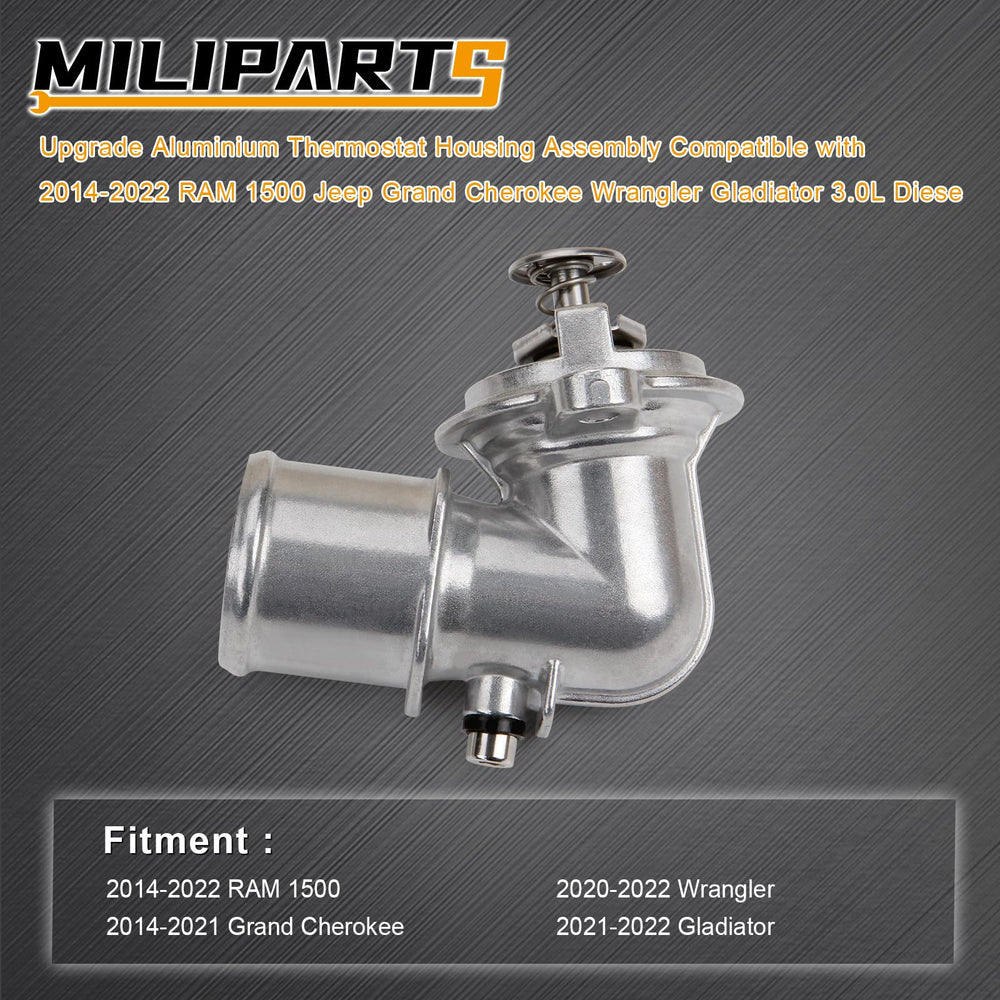 MILIPARTS aluminum thermostat housing close-up shows precise machining for OEM-like fit.