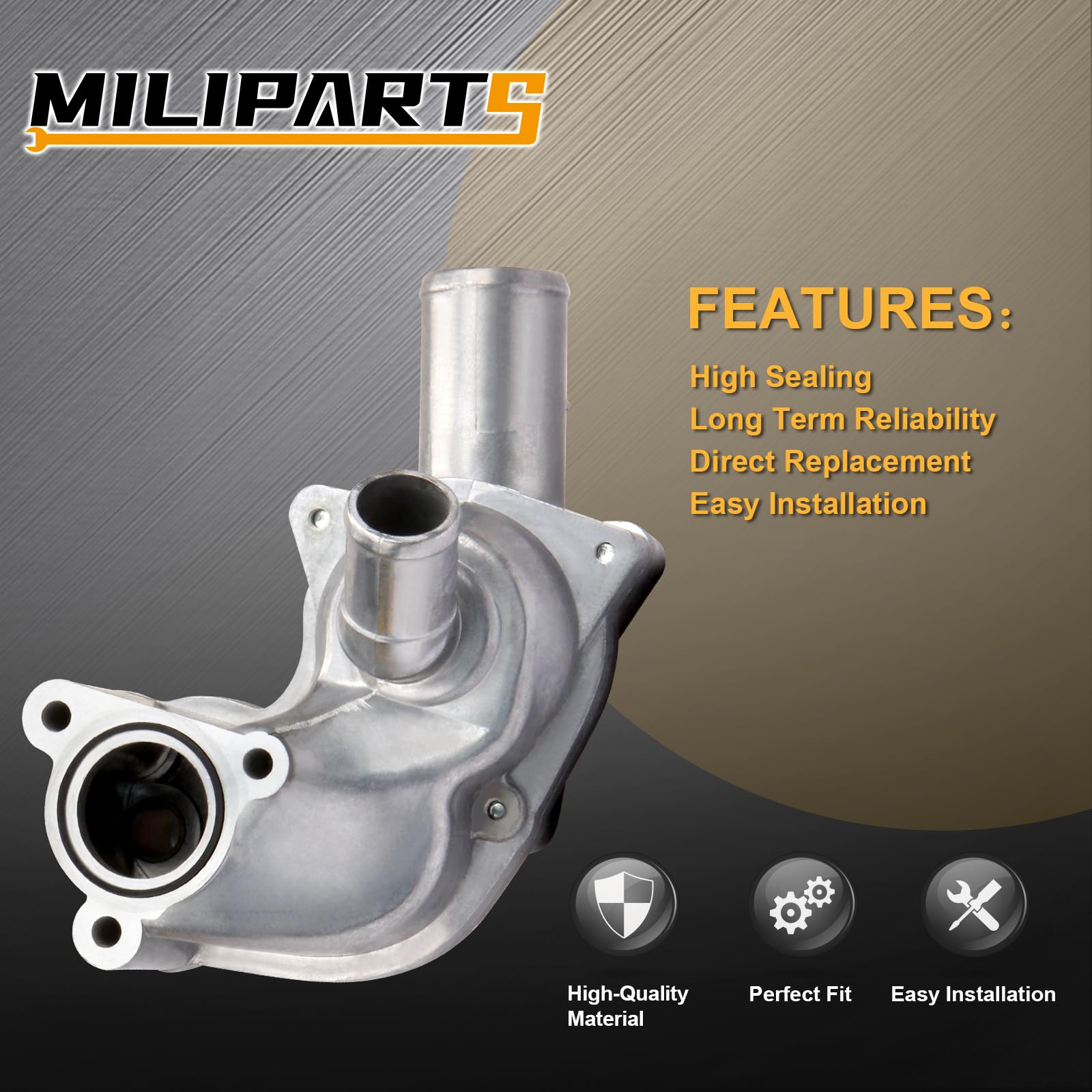 MILIPARTS aluminum thermostat housing fitment matches OE dimensions.