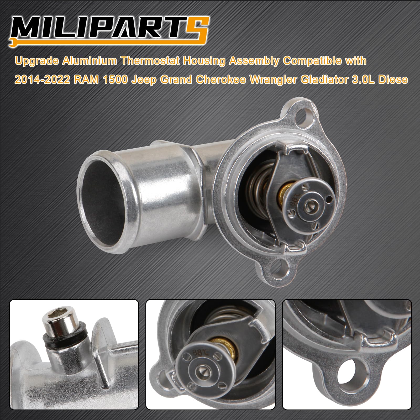 MILIPARTS thermostat housing RAM 1500 side profile highlights compact direct replacement.