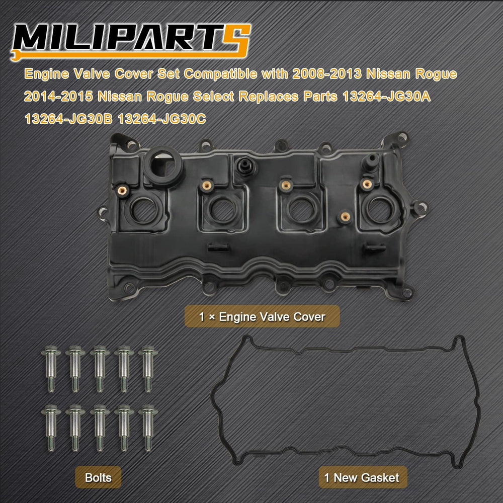 MILIPARTS valve cover set referencing OEM numbers 13264-JG30A/B/C for Rogue engines