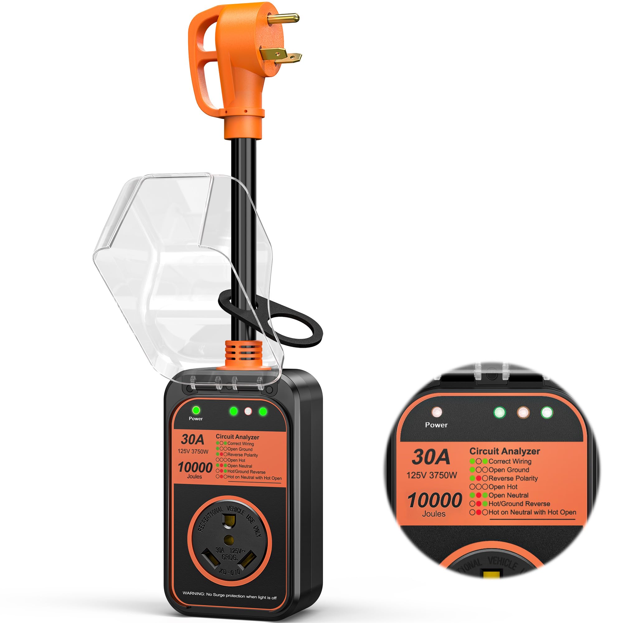 Millionhome RV surge protector 30A front view protects circuits during travel.