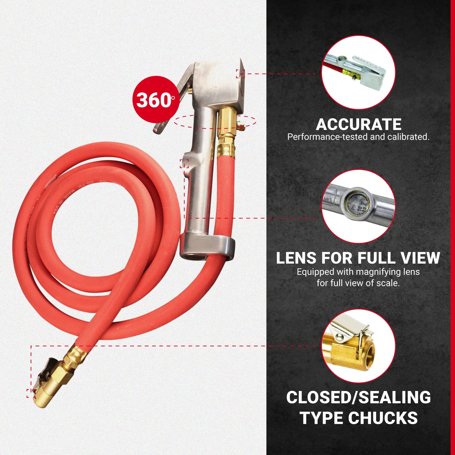 Milton 518 with clip-on chuck offers easy-on grip for precise tire inflation.